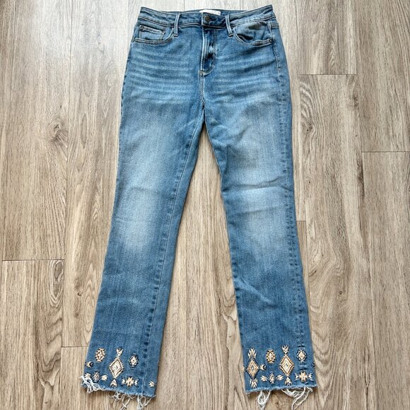 Driftwood Medium Wash Colette Aztec Embroidered Cuffed Bootcut Jeans Size 28 - Picture 2 of 9